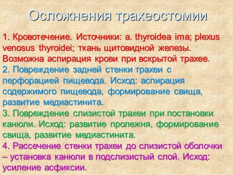 Осложнения трахеостомии 1. Кровотечение. Источники: a. thyroidea ima; plexus venosus thyroidei; ткань щитовидной железы.